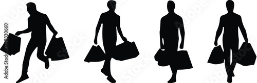 Shopping silhouette, walking figure, black graphic, vector illustration, consumer gesture, retail motion, lifestyle pose, bag carrying stance, purchase iconShopping silhouette, walking figure, 