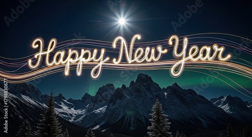 Sparkling Happy New Year Lights Over Snowy Mountains Under Northern Lights