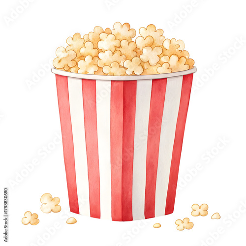 Watercolor Red and white striped popcorn bucket isolated on a transparent background