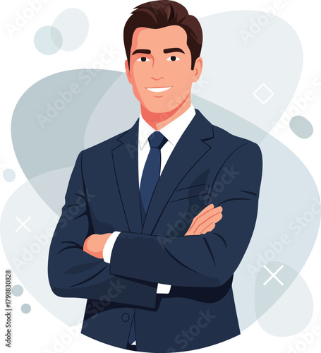 Professional in Confidence: A smartly dressed individual, embodies confidence and expertise, his arms crossed with self-assurance. He embodies success.
