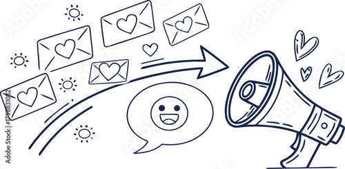 Hand-drawn doodle of a megaphone broadcasting love letters and positive feedback for a viral marketing campaign concept