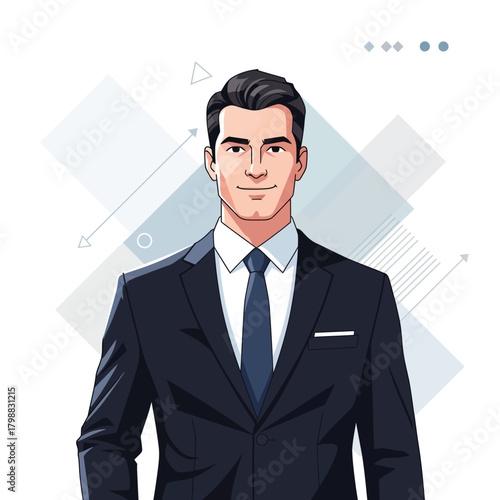 The Confident Professional: A poised business man exuding confidence in a tailored suit, embodying the essence of modern business leadership, ready to achieve.