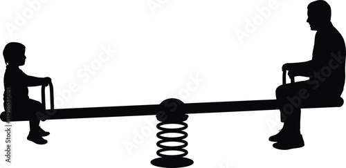 Silhouette of child and adult playing on spring seesaw, family bonding moment illustration, playground activity vector graphic for stock design