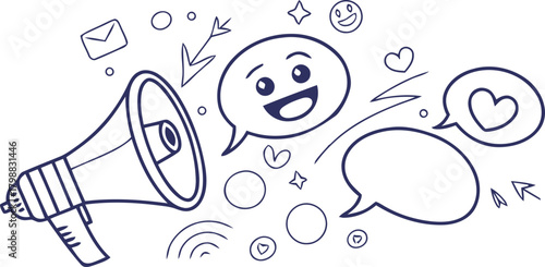 Announcing Promotion Megaphone and Speech Bubbles Illustration for Communication and Promotion