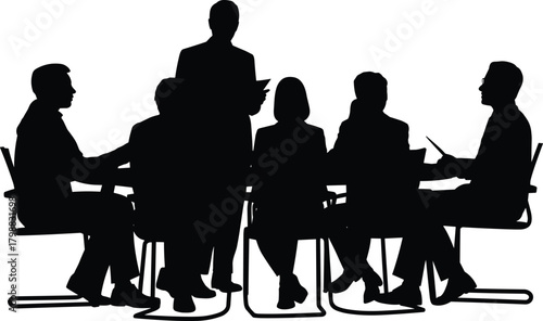 Silhouette of business team group sitting around meeting table discussing strategy and planning in corporate office environment for teamwork collaboration illustration