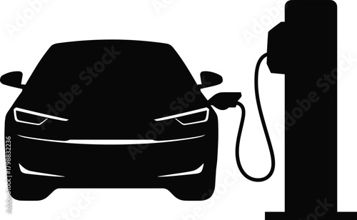Silhouette of electric car charging at station, modern eco vehicle illustration, clean energy transportation vector graphic suitable for green technology design