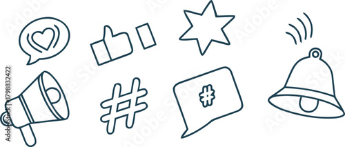 Hand-drawn set of social media engagement icons featuring likes, notifications, and communication symbols