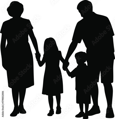Silhouette of happy family holding hands together, representing unity, parenting, childhood support, love, bonding, and strong family relationship on white background