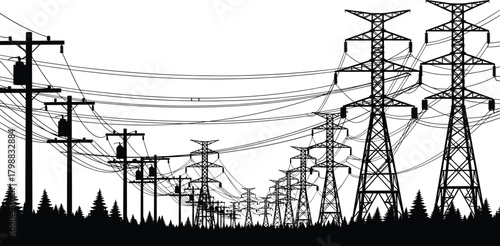Silhouette of high-voltage transmission towers and utility poles with power lines crossing forest landscape, illustrating electricity infrastructure, energy 