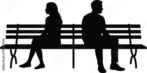 Silhouette of man and woman sitting apart on bench expressing relationship conflict, emotional distance, misunderstanding, loneliness, and silent tension in black design