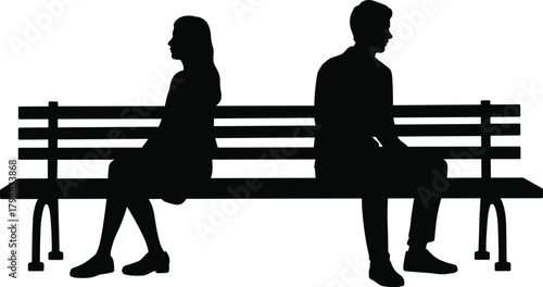 Silhouette of man and woman sitting apart on bench representing relationship distance, conflict, loneliness, emotional tension and sad couple communication issues