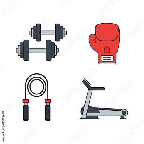 Dumbbells, boxing glove, jump rope, and treadmill representing fitness equipment for exercise and training at the gym for a healthy lifestyle.