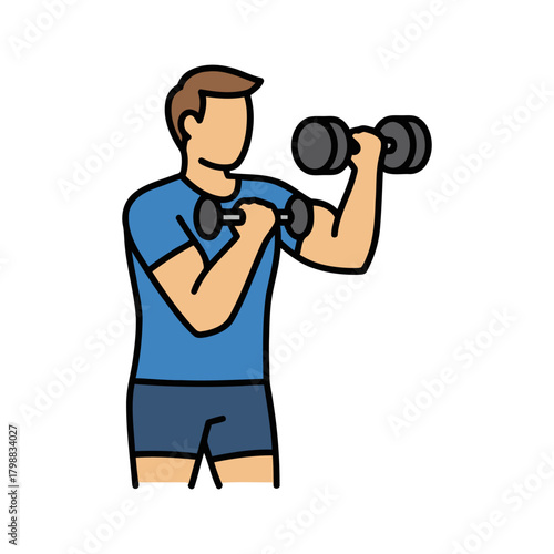 Man lifting dumbbells in gym, showcasing strength and fitness during workout routine, promoting healthy lifestyle and physical wellbeing.