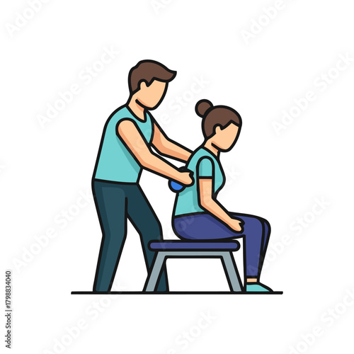 Man giving back massage to woman sitting on chair in home setting, providing relaxation and relief from muscle tension, creating a calm and caring atmosphere.