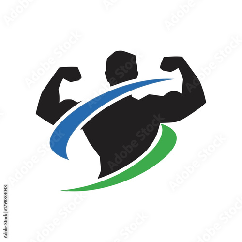 Muscular man flexing biceps in gym with abstract blue and green swooshes, showcasing fitness and strength, conveying power and determination.