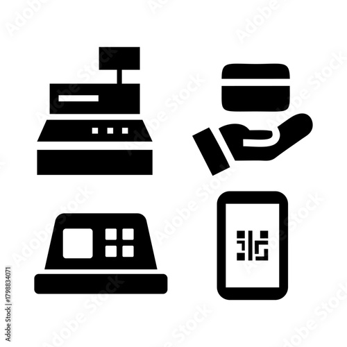 Cash register and mobile payment methods representing modern commerce and financial transactions in a simple and clean style.