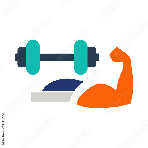 Bicep muscle flexes next to dumbbell and weight scale, representing strength training and fitness goals in a modern, minimalist style.