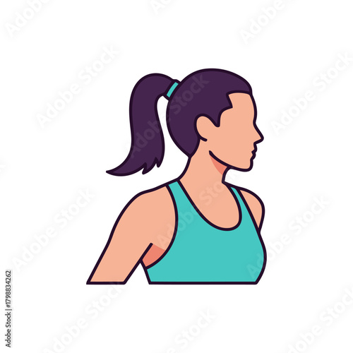 Athletic woman in tank top looks to the side in a fitness studio, showcasing health and wellness with a minimalist style.