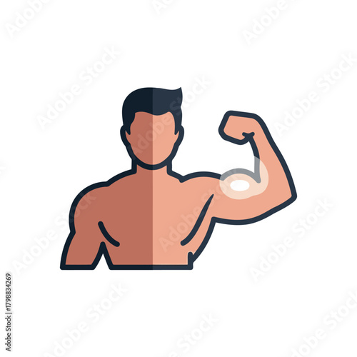 Muscular man flexing his bicep, showcasing strength and fitness in a minimalist style, radiating confidence and power.