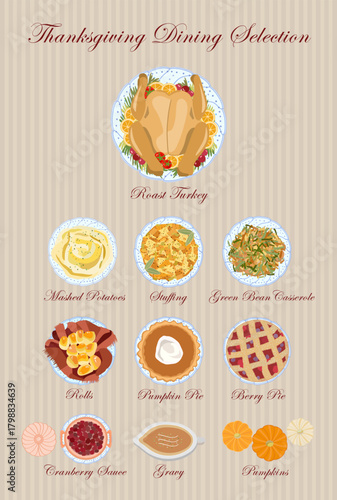 thanksgiving turkey food selection autumn feast with pumpkin pies cranberry casserole and gravy in flat vector design