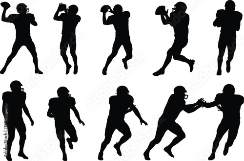 Set of American Football Player Silhouettes Showing Passing, Catching, Running, and Blocking Poses for Sport, Team, and Competition Graphic Vector