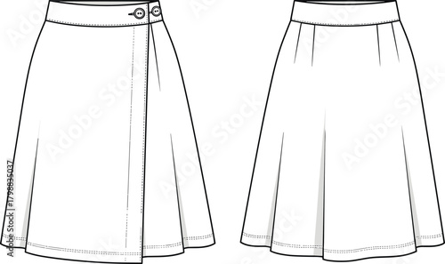 A-line midi skirt with wrap overlap waistband and button closure fashion flat drawing vector illustration for women's apparel, design technical cad sketch, front and back view.