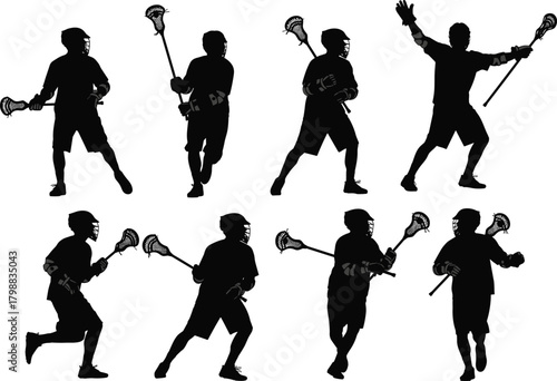 Set of Lacrosse Player Silhouettes with Crosse Sticks Showing Running, Shooting, and Active Game Poses for Sport and Team Graphic Design Vector
