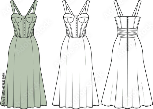 Elegant corset detail midi dress fashion flat drawing vector illustration for women's apparel, design technical cad sketch in sage green with straps and A-line skirt, front and back views.