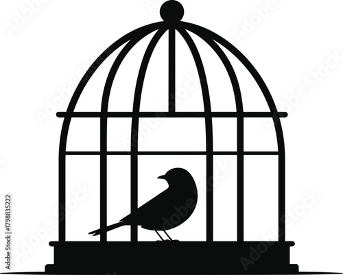 Silhouette of small bird inside classic cage, elegant aviary illustration for design, wildlife captivity symbol vector graphic suitable for stock use