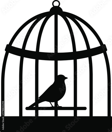 Silhouette of small bird perched inside classic cage, decorative aviary illustration symbolizing captivity and freedom, vector graphic for design use