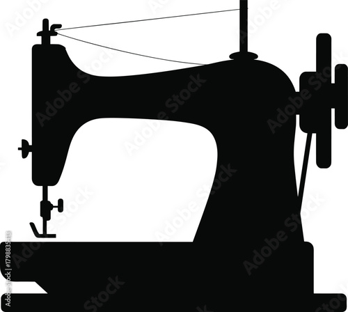 Silhouette of vintage sewing machine with thread and needle showing traditional tailoring equipment for fabric stitching craft industry vector illustration design