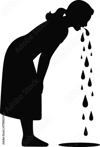 Silhouette of woman bending forward while vomiting onto floor, depicting sickness nausea illness symptom in simple black medical vector illustration for healthcare use