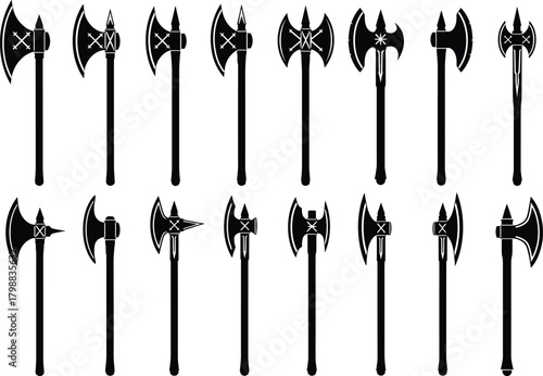 Massive vector set of medieval battle axe silhouettes, including various halberds and polearms for historical and fantasy warfare isolated