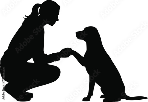 Silhouette of woman training dog with gentle hand interaction, pet obedience illustration, human animal bond vector graphic for stock design