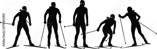 Silhouettes of cross-country skiers in dynamic motion using poles and skis, demonstrating winter sports activity, athletic movement, outdoor fitness, and snow recreation