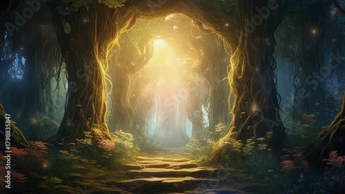A mystical forest path leads to a bright, glowing portal with enchanting light.
