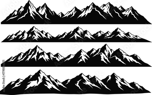 Set of four detailed black and white mountain range silhouettes, depicting rugged alpine peaks and snowy crests for nature adventure isolated