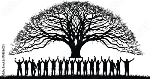 Silhouettes of diverse people standing united beneath a large spreading tree, symbolizing community strength, environmental harmony, teamwork, nature protection, and collective togetherness
