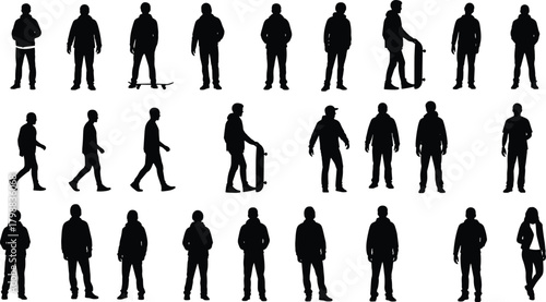 Silhouettes of diverse people standing, walking, and holding skateboards in various poses, representing urban lifestyle, street culture, youth activity, and modern movement