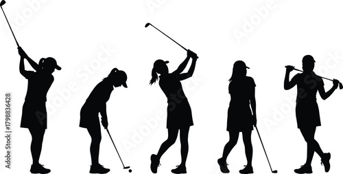 Silhouette collection of female golfers displaying various active golf swing positions from drive to putt isolated on white background
