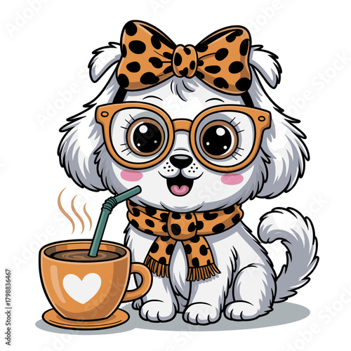 Cartoon puppy with glasses and polkadot bow enjoys coffee on transparent background