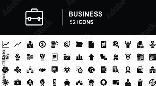 Business and finance flat vector icons set. briefcase, chart, money, document, meeting, team, growth, graph, management, marketing, vector symbols pack, perfect for web design.