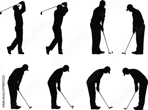 Collection of Eight Detailed Golfer Silhouettes Showing Various Golf Swings, Poses, and Putting Actions Isolated on White