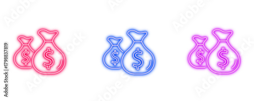 Neon glowing money bag vector icons set, currency, wealth, finance, investment, profit, savings, vibrant colorful digital design illustration on transparent background.