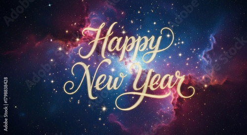 Happy New Year Sparkling Greeting in Cosmic Nebula and Stars