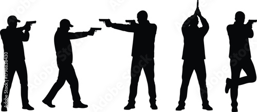 Man shooting handgun silhouettes set, self defense training practice, firearm safety lesson, police military soldier vector icons, isolated black.