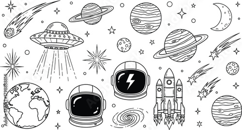 Collection of hand drawn space elements including planets rockets and astronauts on black background