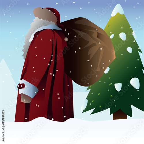 Illustration of Santa Claus for Christmas in December, with snow