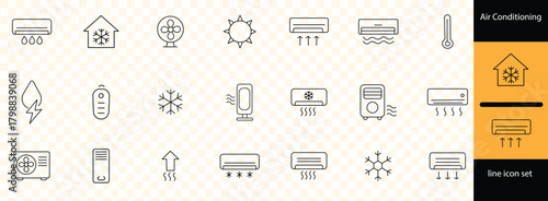 Air conditioner editable stroke outline icons set isolated on white background flat vector illustration
