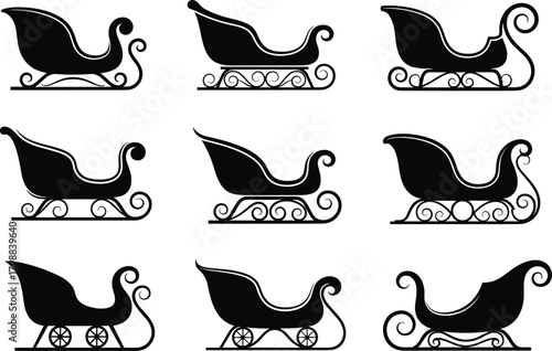 Santa Claus Christmas sleigh icons vector set black silhouette outline sled flat illustration for winter holiday design element